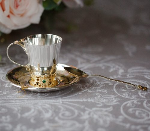 серебряный чайный набор «бабочка» - чашка и ложечка